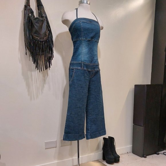 💋1970's BOHO CHIC💋 Capri Sanded Capri Denim Jumpsuit in Blue - Picture 5 of 12